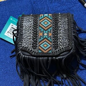 Montana West Black Fringe Crossbody with Turquoise & Orange Beadwork